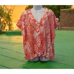 Old Navy Floral Button Front Top Size XXL Orange Hawaiian Short Sleeve